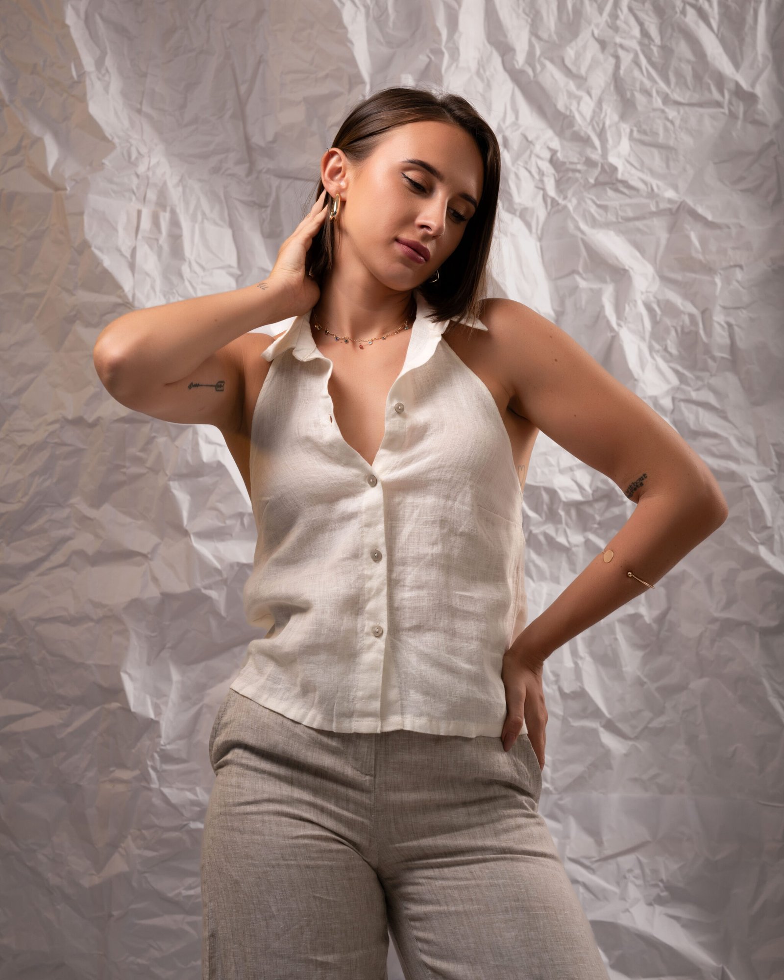 Women’s Pure Linen Sleeveless Button