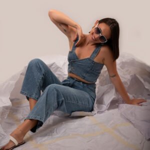 Women’s Denim Crop Top & Wide-Leg Jeans Co-Ord Set