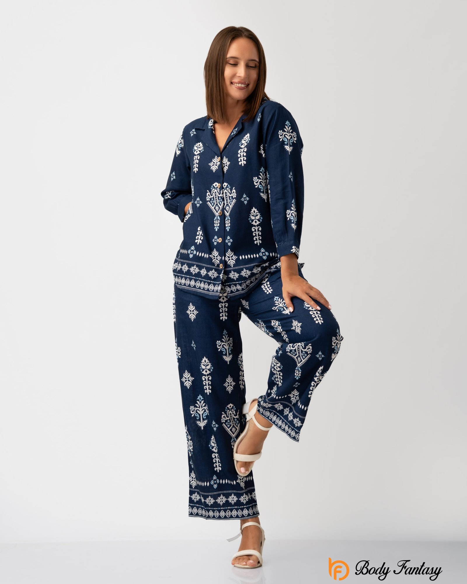 Women’s Printed Co-Ord Set – Navy Blue Ethnic Motif - Image 3