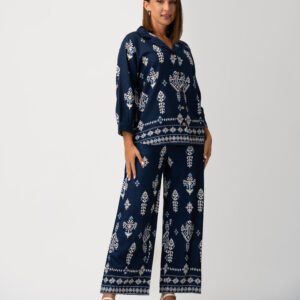 Women’s Printed Co-Ord Set – Navy Blue Ethnic Motif