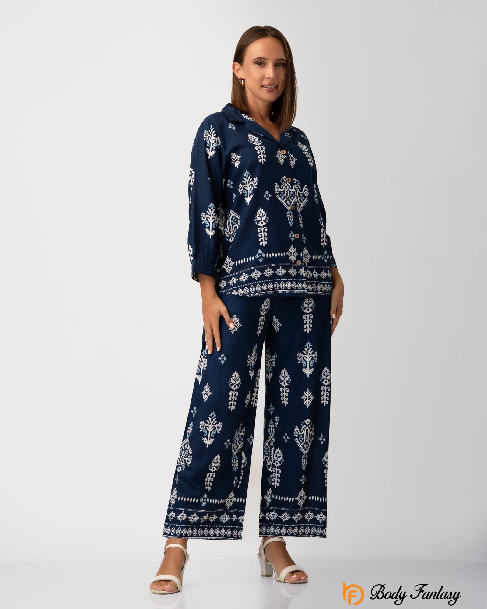 Women’s Printed Co-Ord Set – Navy Blue Ethnic Motif