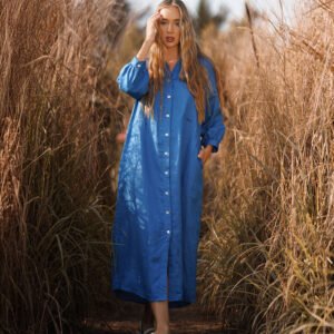 Azure Calm Button-Down Midi Dress