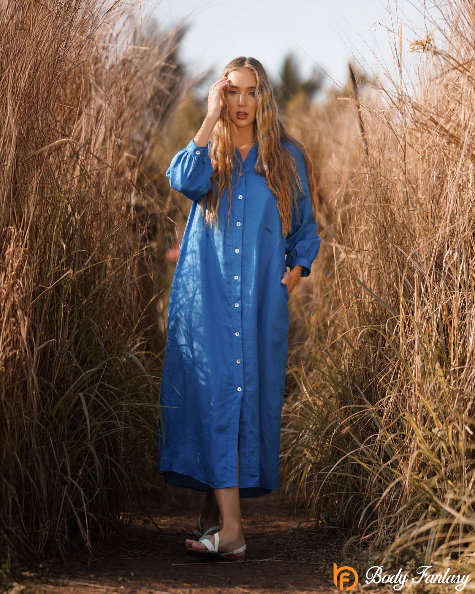 Azure Calm Button-Down Midi Dress
