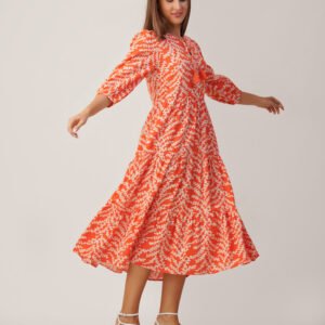 Coral Bloom Linen Midi Dress