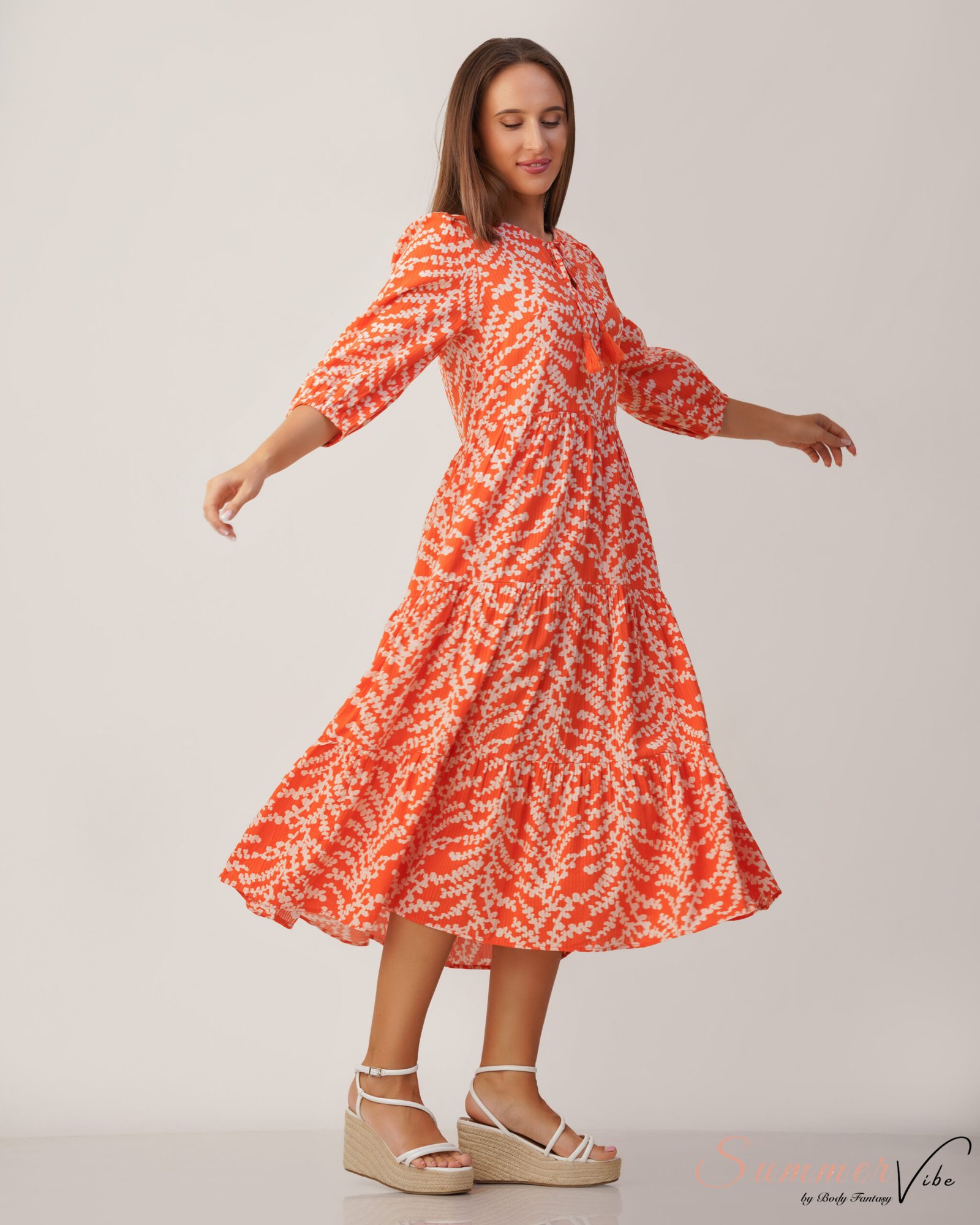 Coral Bloom Linen Midi Dress