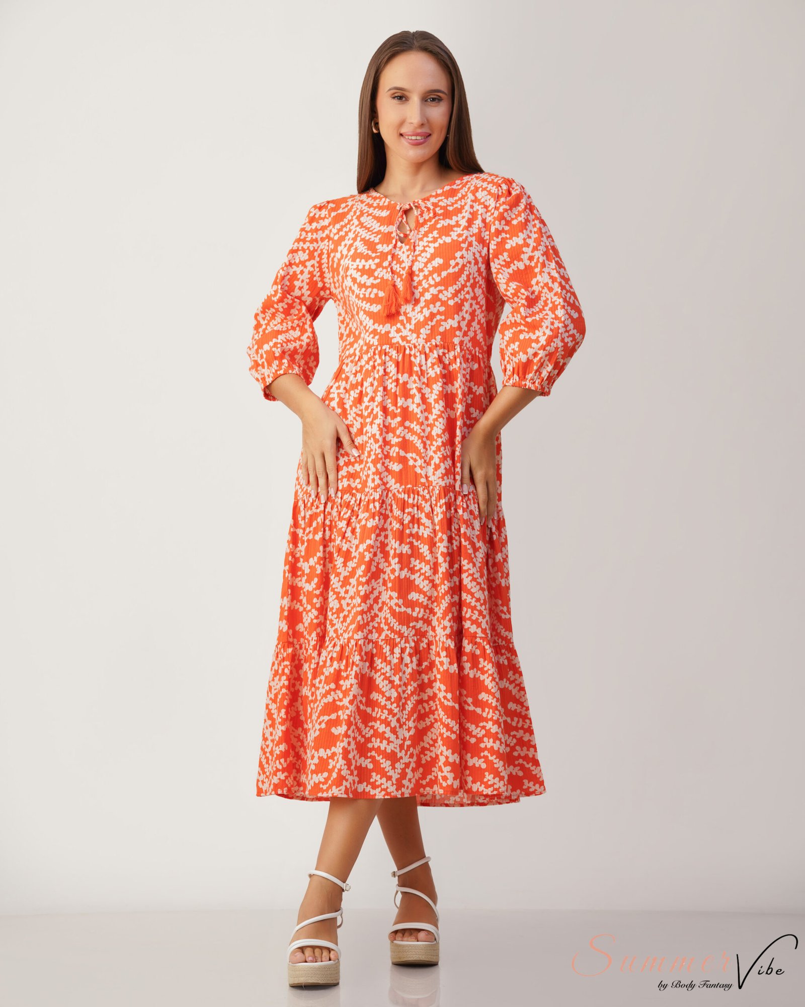 Coral Bloom Linen Midi Dress - Image 3