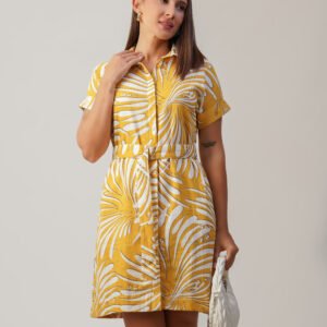 Golden Palm Belted Shirt Dress