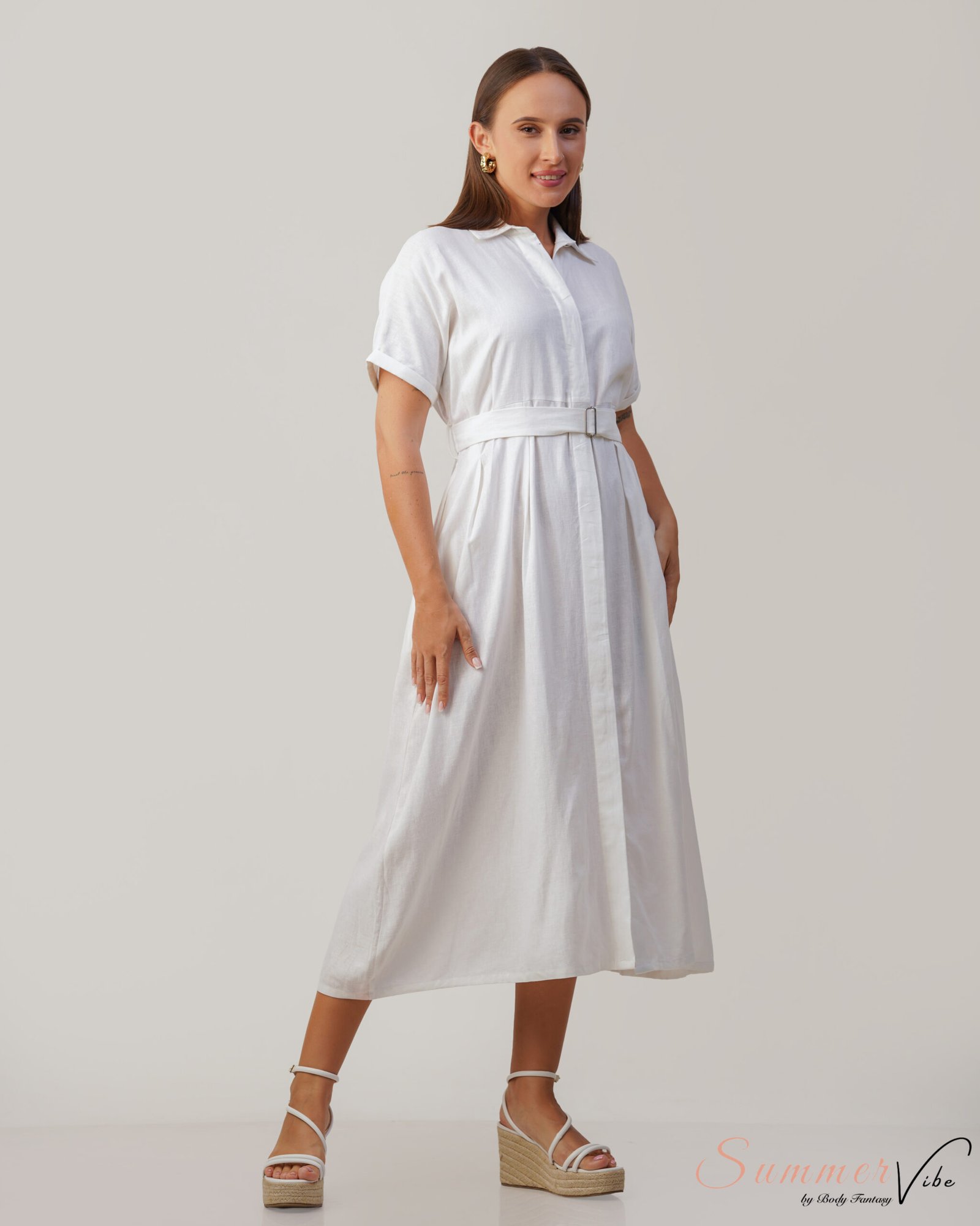 Ivory Grace Belted Midi Dress