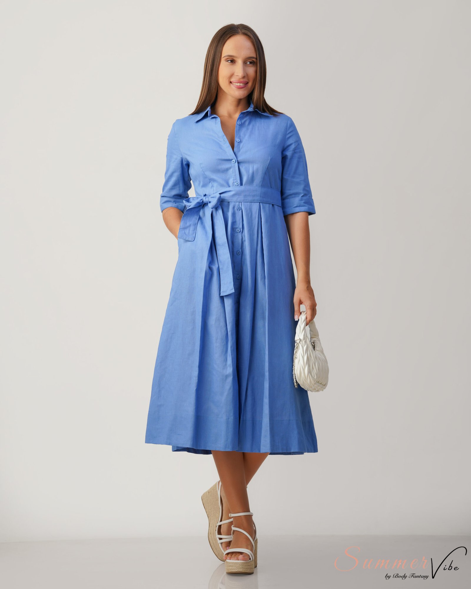 Rizza Sky Blue Belted Midi Dress - Image 3